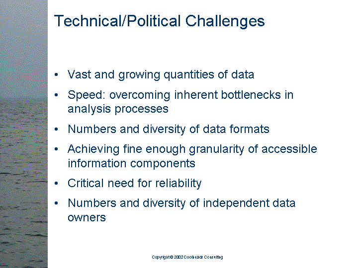 [text of inaccessible Slide 4: 

Technical/Political Challenges:

<bullet> Vast and growing quantities of data

<bullet> Speed: overcoming inherent bottlenecks in
         analysis processes

<bullet> Numbers and diversity of data formats

<bullet> Achieving fine enough granularity of
         accessible information components

<bullet> Critical need for reliability

<bullet> Numbers and diversity of independent data
         owners

]