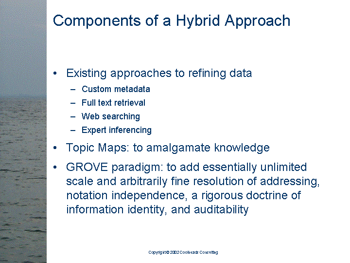 [text of inaccessible Slide 13: 

Components of a Hybrid Approach: 

<bullet> Existing approaches to refining data

   <sub-bullet> Custom metadata

   <sub-bullet> Full text retrieval

   <sub-bullet> Web searching

   <sub-bullet> Expert inferencing

<bullet> Topic Maps: to amalgamate knowledge

<bullet> GROVE paradigm: to add essentially unlimited
         scale and arbitrarily fine resolution of
         addressing, notation independence, a rigorous
         doctrine of information identity, and
         auditability

]